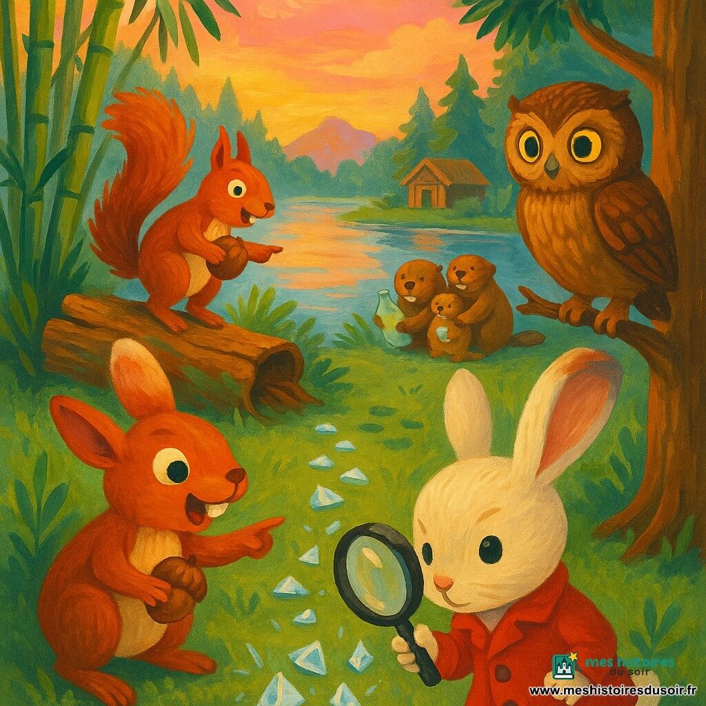 Un petit lapin enquêteur au pelage crème et manteau rouge, penché avec une loupe sur un éclat de verre scintillant, une jeune chouette brune perchée à droite, attentive, et un écureuil roux sur un tronc à gauche, tenant une noisette et montrant un sentier de morceaux brillants ; au fond, une famille de castors au bord d’un lac miroir au coucher du soleil ramasse des objets perdus près d’un dojo en bois, dans une clairière de bambous et de pins, ambiance chaleureuse aux touches dorées et textures d’acrylique.