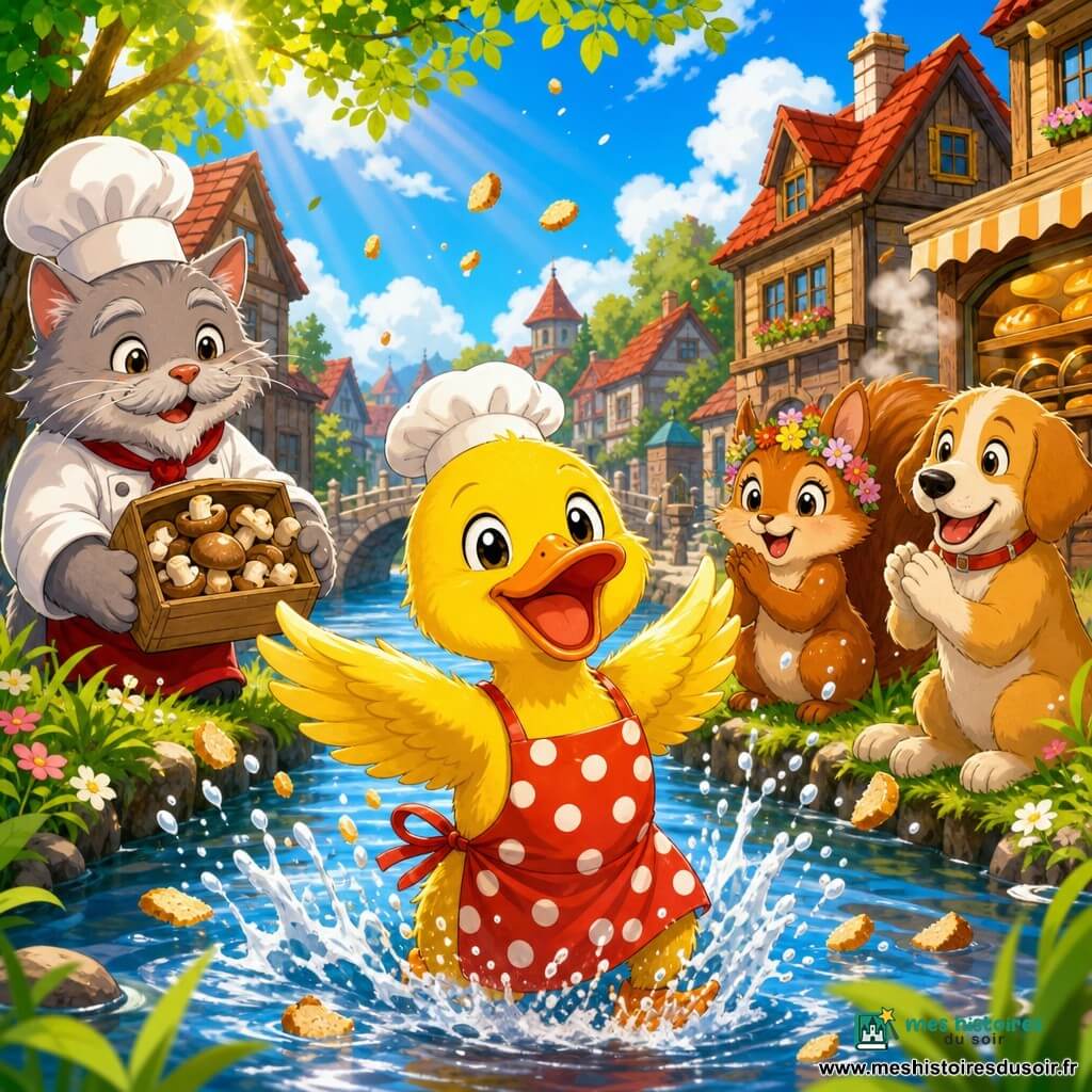 Canard jovial au plumage jaune et bec orange, portant un tablier à pois et une petite toque de boulanger, battant des ailes et éclaboussant une rivière ensoleillée; à gauche, un vieux chat cuisinier moustachu tient une boîte de champignons en souriant; à droite, un écureuil avec guirlande de fleurs et un chien tranquille applaudissent; arrière-plan : petite ville charmante aux maisons en bois à toits rouges et une boulangerie fumante, arbres verts et ciel bleu; scène lumineuse et animée (éclaboussures, miettes, rayons de soleil), style manga enfantin, contours nets, couleurs saturées, textures douces, perspective dynamique centrée sur le canard.