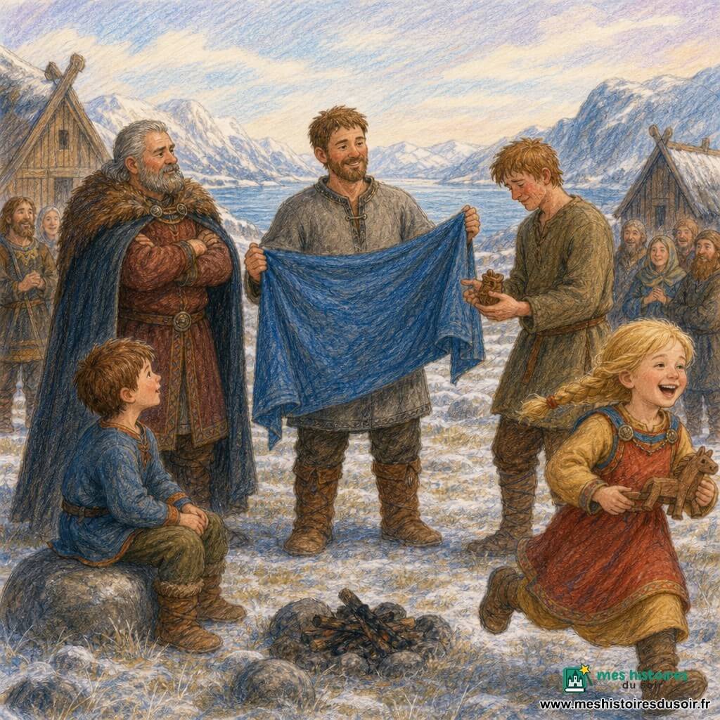 Einar, souriant et attentif, tient un grand étendard bleu déroulé au centre d'un Thing viking sur une plaine gelée au bord d'un fjord; à sa gauche le Jarl d'âge mûr aux cheveux gris et cape lourde, sérieux mais apaisé, mains croisées; légèrement à droite un jeune homme honteux, prêt à rendre un objet, regard baissé mais soulagé; au premier plan à droite une fillette de six ans en tresse blonde riant et courant avec un jouet en bois, à gauche un garçon d'environ sept ans assis sur une pierre, émerveillé par l'étendard; autour, maisons en bois, rochers, feu de camp éteint, montagnes enneigées et eau calme sous un ciel pâle; atmosphère de réconciliation, visages passant de la colère à l'apaisement, gestes de réparation, personnages aux teintes chaudes sur un paysage aux tons froids.