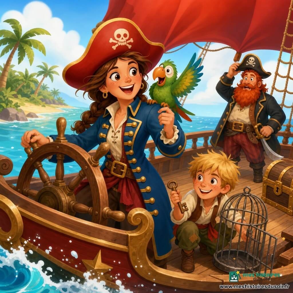 La scène montre la capitaine pirate Zoé, joyeuse et déterminée, cheveux bruns en tresse sous un grand chapeau rouge, manteau bleu à boutons dorés, debout sur la proue du bateau tenant la barre; son perroquet Jules, petit oiseau vert au bec orange, est perché sur son épaule droite. Le jeune mousse Marco, une dizaine d'années, sourit malicieusement près d'une cage ouverte en tenant une clé en bois; le capitaine Barbe-Rouge, à la barbe rouge flamboyante, se tient en retrait, surpris mais conciliant. Le bateau en bois aux voiles rouges montre cordages, coffre au trésor partiellement visible et éclaboussures d'eau; en arrière-plan, une île tropicale de sable jaune et palmiers sous un ciel bleu clair. Atmosphère lumineuse et chaleureuse de célébration pour la libération, équipage heureux.