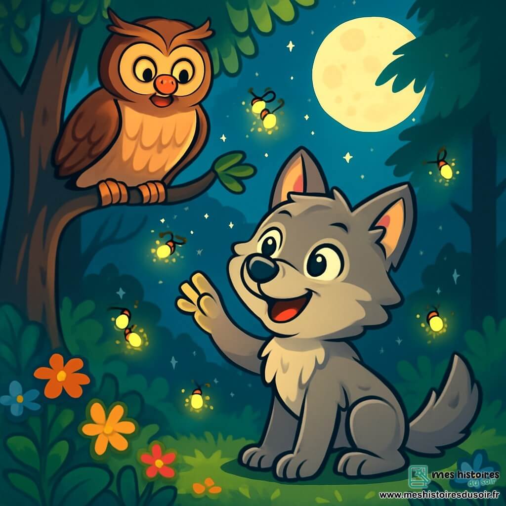 Dans une clairière enchantée, un jeune loup nommé Léo, avec un pelage gris et des yeux curieux, observe des lucioles qui dansent autour de lui, montrant qu'il a surmonté sa peur du noir. À proximité, Monsieur Hibou, un grand hibou marron aux yeux sages, se tient sur une branche, souriant et encourageant Léo. La clairière est éclairée par la lune, entourée d'arbres majestueux et de fleurs colorées. Léo, fasciné par les lucioles, tend une patte pour les toucher, tandis que Monsieur Hibou l'observe avec bienveillance, créant une atmosphère de découverte.