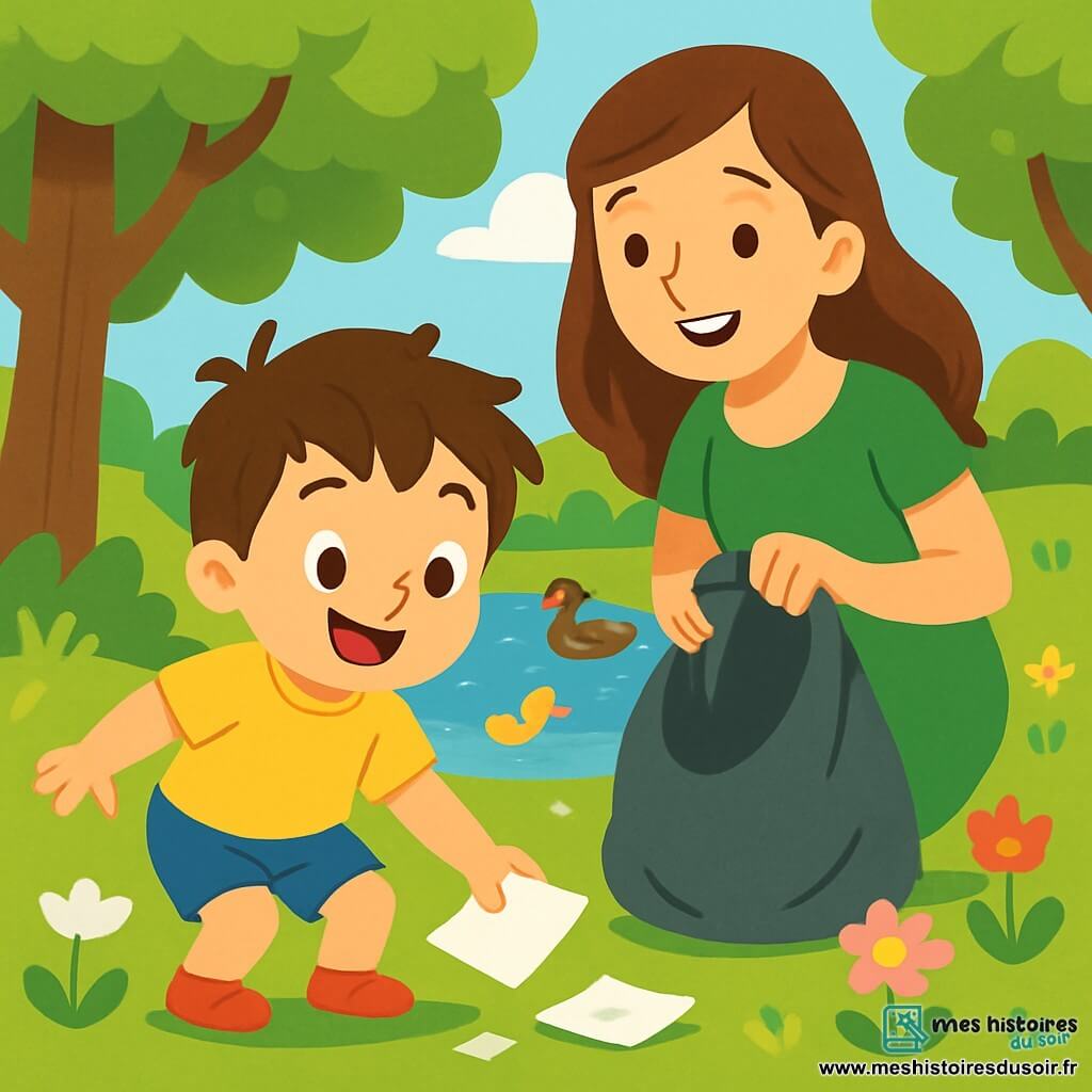 Léo, un petit garçon de 2 ans aux cheveux bruns en bataille et aux yeux curieux, sourit en ramassant des papiers au sol. Il porte un t-shirt jaune et un short bleu, fier de son action. À ses côtés, sa maman, une femme d'environ 30 ans aux cheveux châtains en robe verte, l'encourage avec un sourire tout en tenant un sac pour les déchets. La scène se déroule dans une réserve naturelle, entourée de grands arbres et de fleurs colorées, avec un étang où nagent des canards. Léo et sa maman nettoient la nature pour protéger l'environnement, sous des rayons de soleil filtrant à travers les branches.
