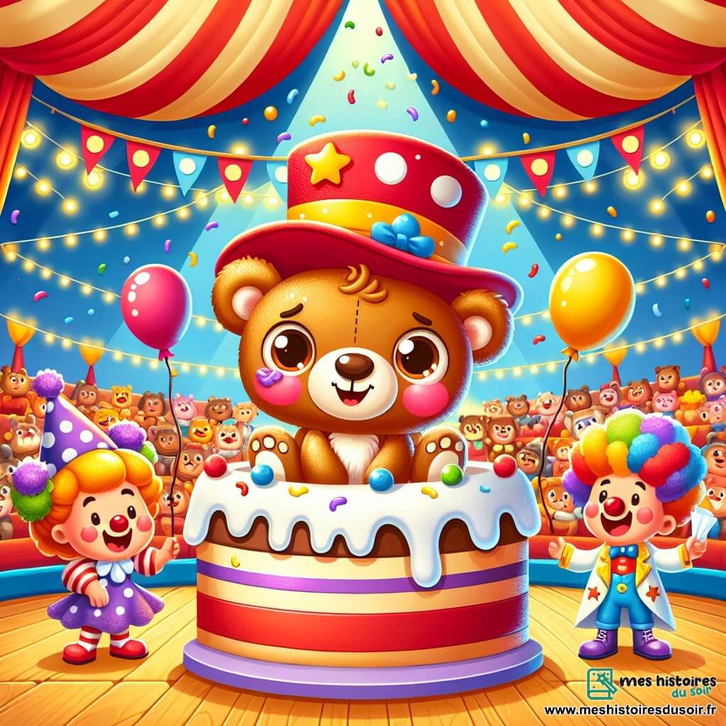 Un petit ours brun nommé Boubou, portant un grand chapeau rouge à pois blancs, se tient au centre d'un chapiteau de cirque. Il sourit joyeusement, couvert de crème de gâteau. À côté de lui, un clown joyeux rit en essuyant la crème sur son visage, tandis qu'un jeune magicien admiratif se tient en arrière, les bras croisés. Le chapiteau est coloré, avec des rayures rouges et jaunes, des lumières scintillantes et des ballons flottants. Des spectateurs rient et applaudissent. Boubou trébuche joyeusement dans un énorme gâteau à la crème, entouré de confettis, créant une ambiance festive.