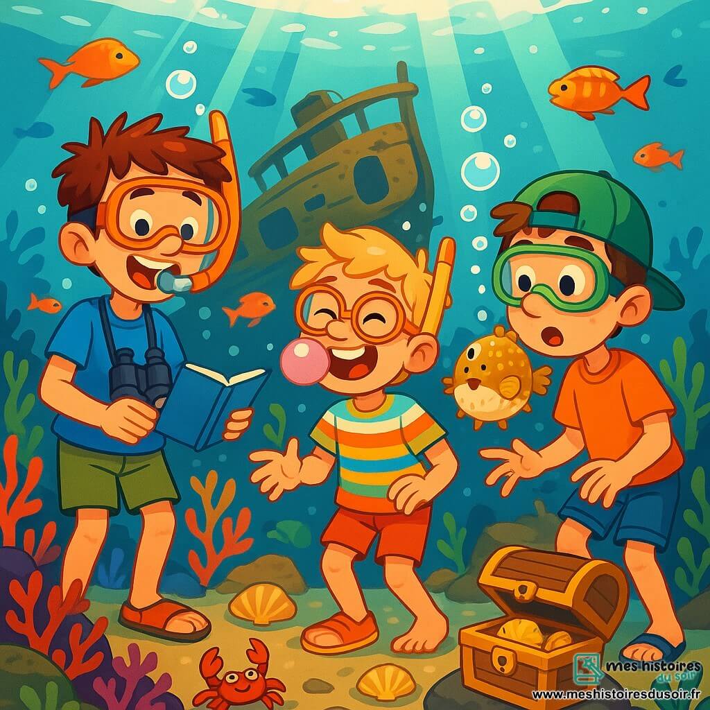 Trois personnages sont présents : Hugo, un garçon de 10 ans avec des cheveux bruns en bataille, un t-shirt bleu et un short kaki, tenant des jumelles et un carnet, souriant curieusement ; Tom, un garçon de 9 ans avec des cheveux blonds et des lunettes rondes, en t-shirt rayé coloré et short rouge, faisant une bulle avec un chewing-gum ; et Lucas, un garçon de 10 ans avec des cheveux châtains et une casquette verte, portant un t-shirt orange et des sandales, émerveillé par un poisson-globe. Les amis explorent une épave de bateau rouillée sous l'eau, entourée de coraux et de poissons multicolores, avec des rayons de soleil illuminant la scène. Ils découvrent des coquillages et un coffre mystérieux, tandis qu'un crabe les observe.