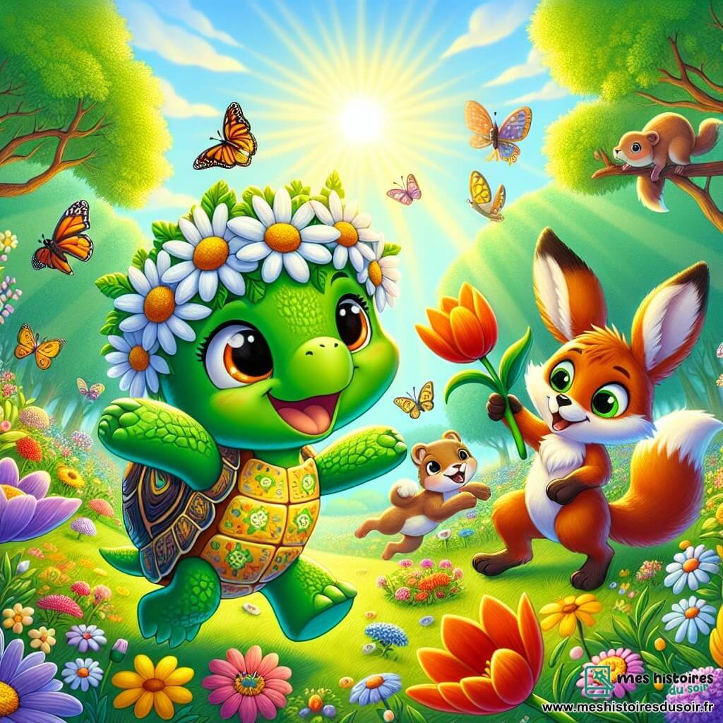 Une tortue nommée Tilly, avec une carapace verte et des motifs jaunes, sourit en portant une couronne de marguerites. Elle danse dans une clairière ensoleillée, entourée de fleurs colorées. À ses côtés, un renard aux poils roux agite une branche décorée de fleurs, tandis qu'un lapin aux grandes oreilles blanches saute joyeusement en tenant une tulipe. La scène se déroule dans une forêt verdoyante, baignée de lumière dorée, avec des arbres majestueux et des oiseaux chantants. Tilly et ses amis célèbrent le printemps lors d'une fête, dansant et riant ensemble, entourés de la beauté de la nature.