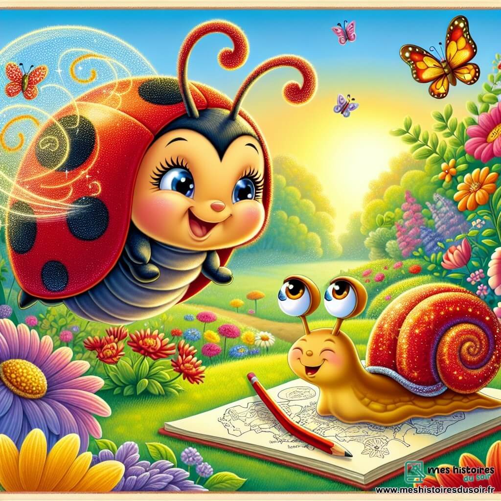 Lila, une coccinelle au dos rouge vif parsemé de taches dorées, vole joyeusement au-dessus d'un jardin coloré, ses antennes frémissant de curiosité. À ses côtés, Samuel, un escargot à la coquille spirale brillante, dessine des cartes sur le sol avec une brindille, observant Lila avec bienveillance. Le jardin est un tableau vivant de fleurs éclatantes, de papillons et d'arbres majestueux, baigné par la lumière du soleil couchant. Lila s'envole pour explorer le monde, tandis que Samuel lui prodigue des conseils sur les merveilles à découvrir.