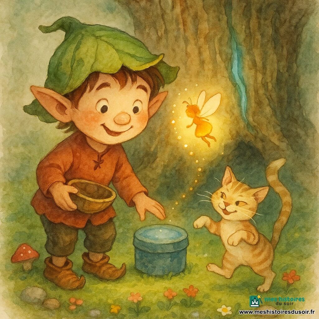 Pipo, un petit lutin garçon au visage rond et souriant, chapeau en feuille vert et chaussures en feuilles brunes, penché et émerveillé, une main sur une petite boîte bleue ronde et l'autre tenant un bol en écorce ; Peluche le chat crème tigré fait un pas de danse comique en regardant la boîte ; Mina la luciole, minuscule fée-lucioles en robe de lumière jaune-ambre, vole en cercles en laissant des points lumineux ; le groupe est au pied d’un vieux chêne à écorce texturée et fente turquoise lumineuse, sur un tapis de mousse avec fleurs colorées, cailloux ronds et champignons rouges à pois blancs, une grotte sombre en arrière‑plan ; la boîte vibre légèrement, tout le monde écoute en silence, la scène capture un moment de découverte doux et magique, éclairée de lumières chaudes aux textures aquarelle.