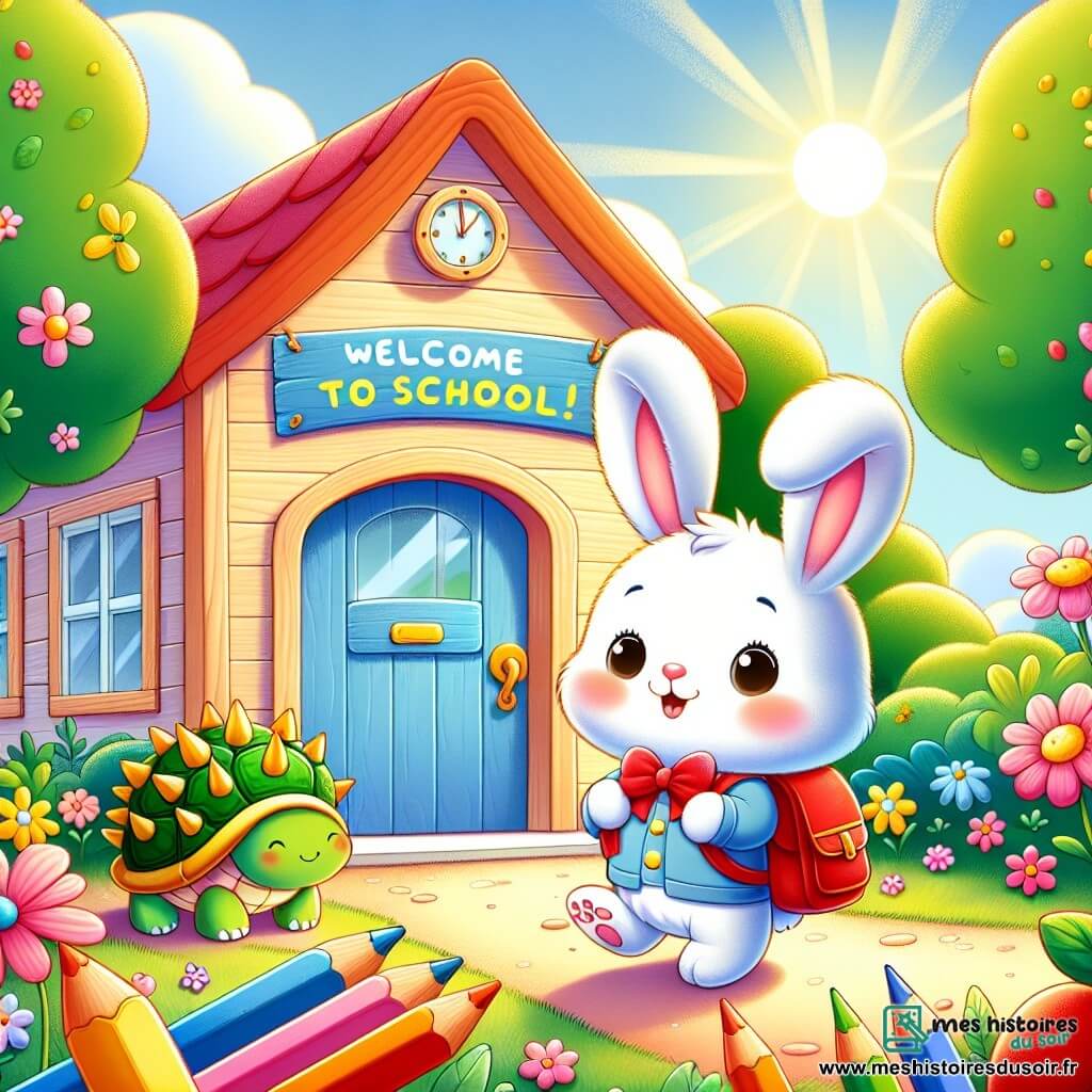 Illustration d'un petit lapin aux grandes oreilles, à la fourrure douce et blanche, portant un cartable rouge et souriant joyeusement devant l'entrée de l'école. À ses côtés, une tortue verte, timide, avec un nœud rose, observe le lapin avec un sourire. Un hérisson aux piquants dorés, joyeux et énergique, se tient en avant, riant et gesticulant. L'école en bois colorée, entourée de fleurs et d'arbres, a une grande porte bleue et des jeux d'enfants dans la cour. La scène montre le lapin et ses amis se présentant joyeusement, dans une ambiance de camaraderie pour la nouvelle année scolaire, avec des crayons de couleur au sol, un panneau « Bienvenue à l'école ! » et des rayons de soleil illuminant le tout.