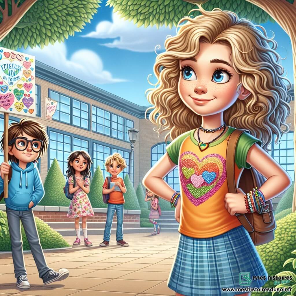 Au premier plan, Emma, une fille de 10 ans aux grands yeux brillants et aux cheveux blonds bouclés, exprime détermination et bienveillance. Elle porte un t-shirt coloré avec un cœur et tient une affiche disant « Sois un ami, pas un ennemi ! ». À ses côtés, sa meilleure amie Lila, également âgée de 10 ans avec des cheveux bruns en couettes, sourit et l'encourage, portant une robe à fleurs et une autre affiche. Un peu en retrait, Théo, un garçon de 10 ans aux cheveux châtains et lunettes, admire Emma et Lila, son visage souriant. La scène se déroule dans la cour de l'école, entourée d'arbres et d'un ciel bleu, avec des camarades écoutant et jouant, créant une atmosphère de camaraderie. Emma et Lila présentent leurs affiches sur le harcèlement, tandis que Théo, touché, se sent accepté.