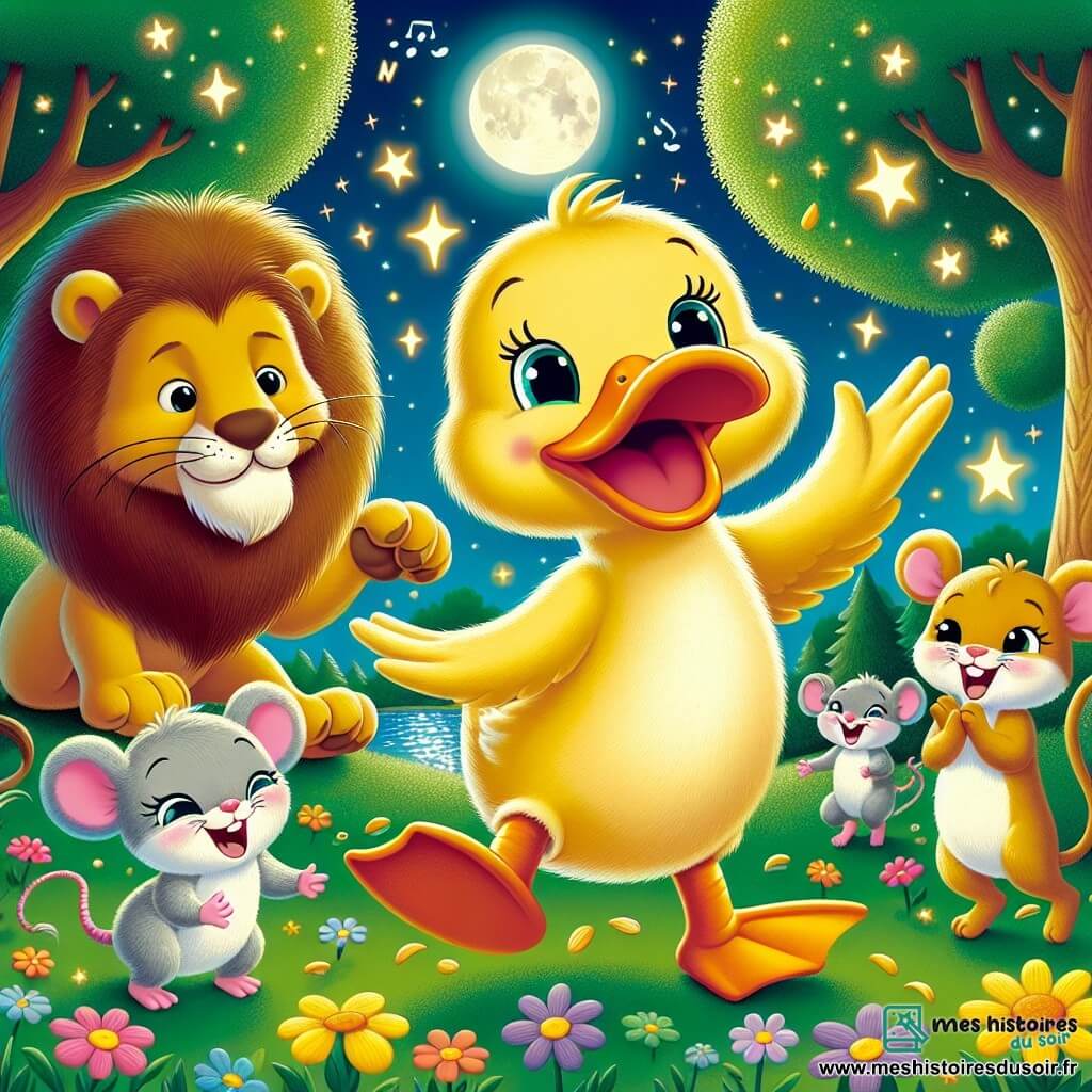 Ducky, un canard joyeux au plumage jaune et au bec orange, danse au centre de la clairière, souriant et entouré de rires. À sa droite, Léon le lion applaudit, et à sa gauche, Mimi la souris, espiègle avec son pelage gris, fait des pirouettes. La clairière est éclairée par la lune, entourée d'arbres aux feuilles vertes et de fleurs colorées. Un vieux chêne majestueux se dresse en arrière-plan. Ducky fait rire ses amis en racontant une blague tout en jonglant avec des graines, créant une ambiance festive.