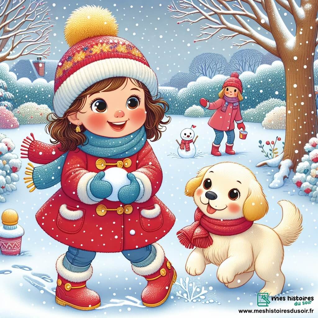 Une petite fille de 3 ans, Louise, joue dans la neige. Elle porte un manteau rouge, un bonnet bleu, des gants et des bottes jaunes. Elle sourit en formant une boule de neige. À côté d'elle, son chien Patou, un golden retriever, court en laissant des traces de pattes. Sa maman, une femme d'une trentaine d'années, l'observe avec un sourire, tenant une tasse de chocolat chaud. Le jardin est couvert de neige sous un ciel gris clair, avec des arbres dénudés. Louise, pleine d'énergie et de bonheur, crée des souvenirs d'une journée d'hiver magique.