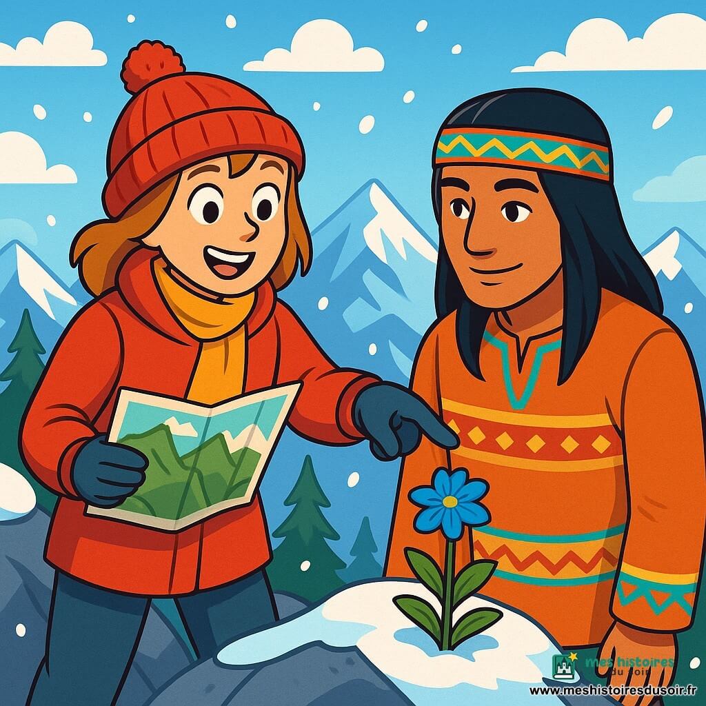 Adèle, une femme exploratrice au sourire éclatant, se tient au sommet d'une montagne enneigée, vêtue d'un manteau rouge, d'un bonnet en laine et de gants, tenant une carte et pointant une plante rare à ses côtés. Kimo, un homme autochtone d'environ 30 ans en tenue traditionnelle, l'observe avec admiration, prêt à partager ses connaissances. Le paysage est magnifique, avec des sommets enneigés sous un ciel bleu clair et des sapins sur les pentes, tandis que des flocons de neige tombent doucement. Ensemble, Adèle et Kimo découvrent la plante rare, incarnant l'esprit d'aventure.