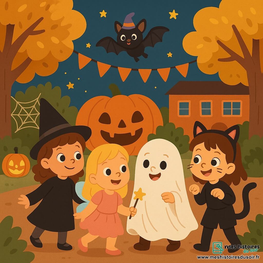 Quatre filles de cinq ans se tiennent ensemble dans une cour d'école décorée pour Halloween. Léa, en costume de sorcière noir, Clara, déguisée en fée, Emma, un fantôme sympathique, et Zoé, en chat noir, s'amusent. La cour est illuminée par des lanternes en forme de citrouilles et ornée de toiles d'araignées. Elles sont en pleine chasse aux bonbons, riant et courant, tandis qu'une chauve-souris avec un chapeau de sorcier les survole, prête à les aider à trouver un trésor caché de bonbons.