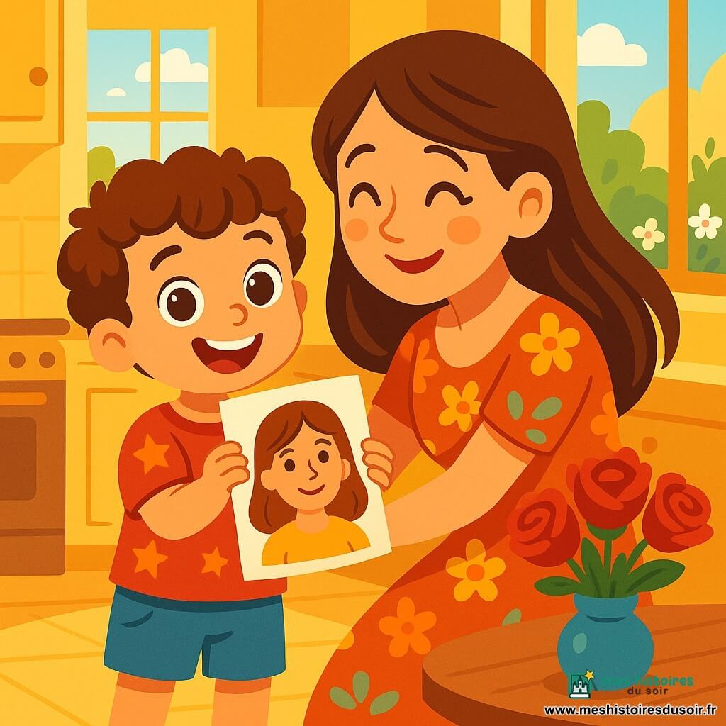 Léo, un petit garçon de 4 ans aux cheveux châtains et bouclés, se tient au centre de l'image, tenant un dessin coloré de sa maman. Il porte un t-shirt rouge avec des étoiles et un short bleu, souriant largement. À côté de lui, sa maman, une femme d'environ 30 ans avec des cheveux longs et bruns, vêtue d'une robe florale, l'enlace avec émotion. La scène se déroule dans une cuisine lumineuse aux murs jaunes, avec des fenêtres ouvertes laissant entrer le parfum des fleurs. Sur la table, un bouquet de roses rouges ajoute de la couleur à l'ambiance joyeuse. Léo présente son dessin à sa maman, créant un moment tendre pour la fête des mères.