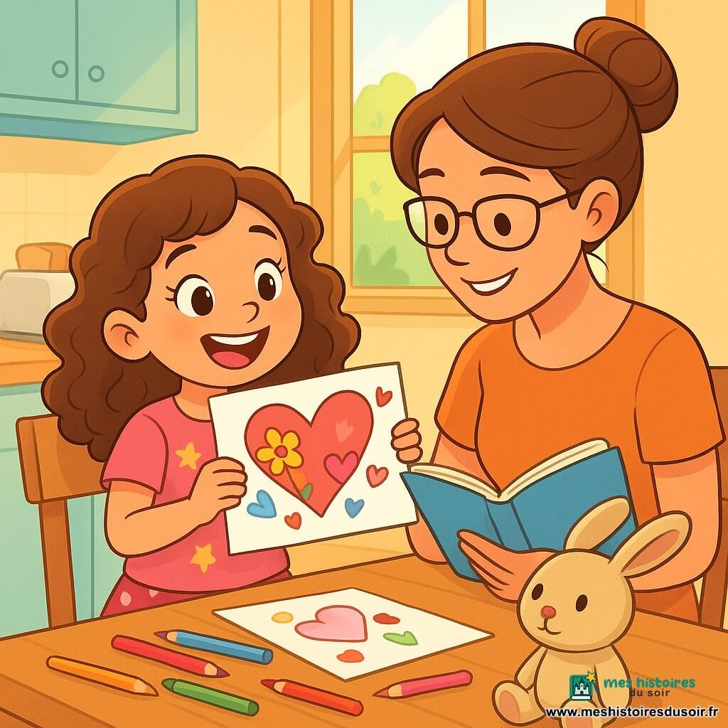 Une petite fille de 6 ans, avec de longs cheveux bouclés et des yeux pétillants, est assise à une table en bois, entourée de crayons colorés et de papiers brillants. Elle porte un t-shirt rose et une jupe à pois, son visage rayonne d'excitation. À côté d'elle, sa maman, une femme d'environ 30 ans avec des cheveux châtains en chignon, sourit en lisant un livre. La scène se déroule dans une cuisine lumineuse, avec des fenêtres ouvertes laissant entrer le chant des oiseaux et l'odeur du pain grillé. Sur la table, un dessin en forme de cœur, orné de fleurs, est posé sur les genoux de la maman. La petite fille montre fièrement son œuvre, tandis qu'un doudou lapin en peluche, nommé Biscotte, observe la scène.