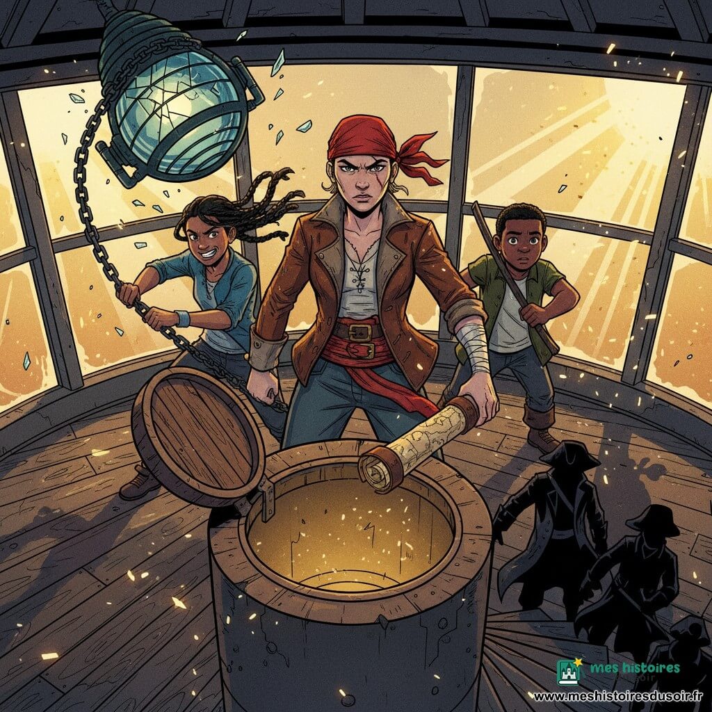 Maëlys, femme pirate au regard déterminé et mâchoire serrée, veste en cuir usée, foulard rouge et fine cicatrice sur la joue, protège un tube en cuir contenant une carte ancienne devant une dalle ouverte au sommet d’un vieux phare rond au sol en bois craquant; Jaya, adolescente énergique et moqueuse aux cheveux noirs en tresse, tire une lourde chaîne pour basculer une grande lentille fracturée à gauche, tandis que Kito, garçon d’environ 12 ans au visage rond et inquiet mais courageux, tient une barre de fer en retrait en regardant la porte en bas de l’escalier. Plusieurs silhouettes de pirates ennemis, manteaux trempés et menaçants, apparaissent en bas de l’escalier; grandes vitres sales, lentille suspendue fracturée, escalier en colimaçon, ambiance salée et poussiéreuse; lumière de rayons dorés filtrant la poussière, éclats de verre brillants, ombres dramatiques. Composition dynamique en légère contre-plongée avec Maëlys au centre, Jaya à gauche, Kito à droite et ennemis en bas à droite; palette pop art vive (rouge, turquoise, jaune moutarde, noir profond), contours épais, textures bois et métal marquées; atmosphère tendue mais héroïque, instant figé, expressions lisibles pour des enfants.