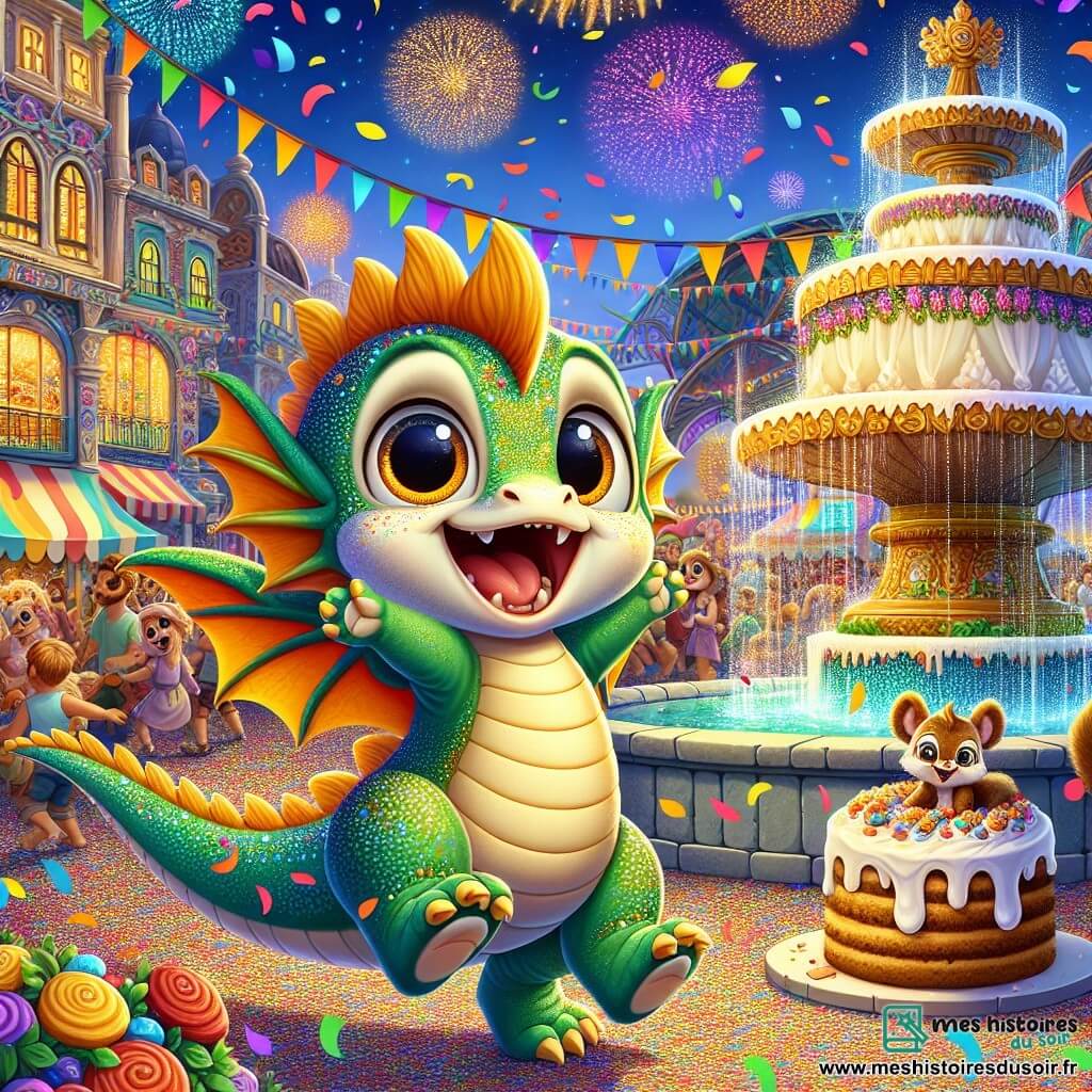 Un petit dragon nommé Flamme, avec des écailles vertes et des yeux curieux, danse joyeusement au centre d'une place animée, souriant. Il déploie ses ailes entouré de confettis colorés. À côté, son ami Grignote, un écureuil aux poils bruns, déguste un énorme gâteau à la crème, ravi. Ils se trouvent dans la place centrale du carnaval de Boubouland, pleine de créatures fantastiques, d'artistes de rue et de stands de friandises. Des feux d'artifice illuminent le ciel, créant une ambiance festive. Flamme et Grignote s'amusent ensemble, célébrant l'amitié et la joie du carnaval.