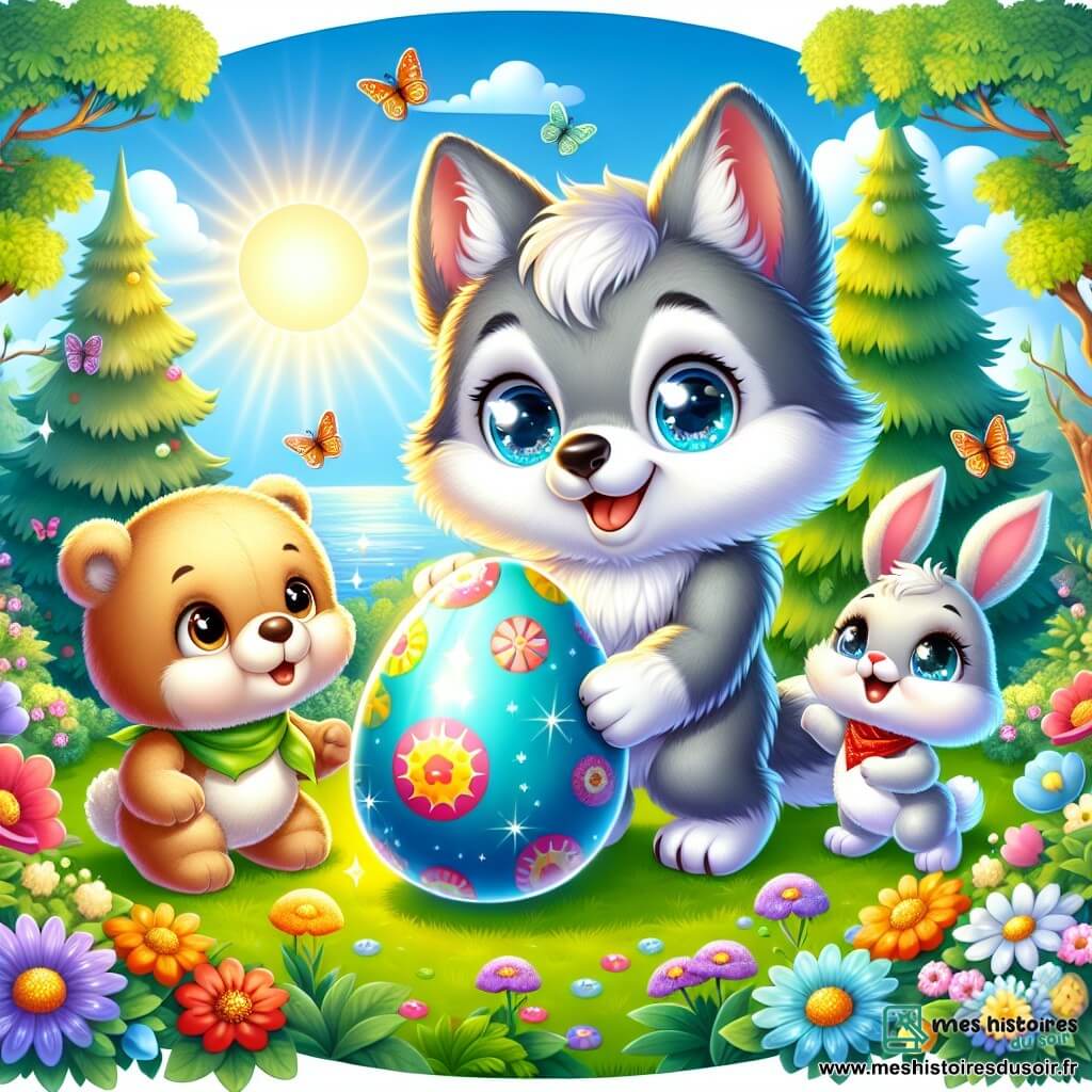 Petit Loup, un loup mignon au pelage gris et aux yeux curieux, se tient dans un jardin ensoleillé, émerveillé par un œuf brillant. À sa droite, Lapin, un petit lapin aux grandes oreilles et au pelage blanc, saute joyeusement avec un œuf rouge. À gauche, Ours, un ours en peluche doux, sourit en tenant un œuf bleu. Le jardin est coloré avec des fleurs, des papillons et des arbres, sous un ciel bleu clair. Un grand œuf brillant, décoré de motifs colorés, s'ouvre doucement, révélant un message joyeux. Petit Loup et ses amis découvrent l'œuf magique, remplis de joie dans une ambiance festive de Pâques.