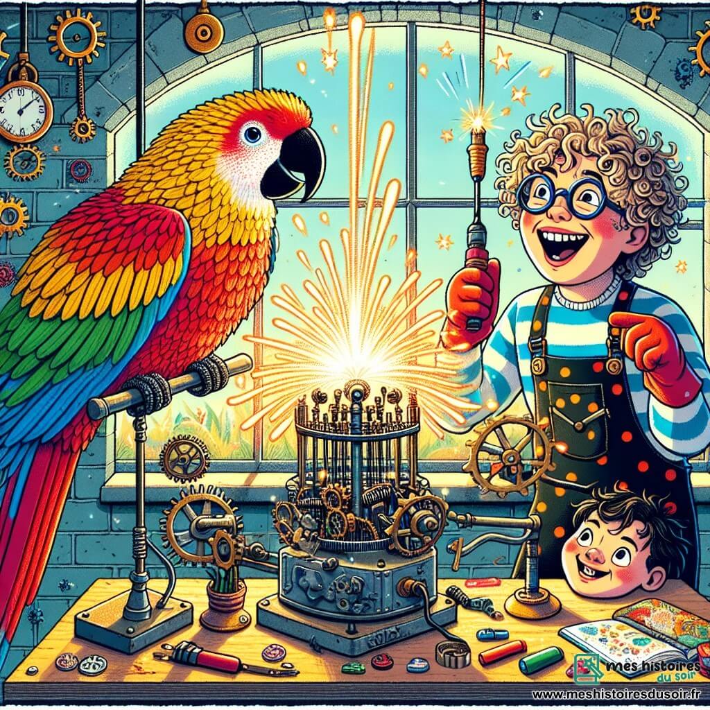 Mathilde Bricolo, une femme joyeuse aux cheveux bouclés et lunettes rondes, est au centre de l'image, souriante et enthousiaste, activant sa machine à souhaits colorée. Elle porte une salopette à pois et des gants de bricolage, entourée de rouages et d'ampoules scintillantes. À ses côtés, Hector, son perroquet aux plumes éclatantes, est perché sur son épaule, observant la scène avec curiosité. Un jeune garçon espiègle, d'environ 8 ans, avec des cheveux en bataille et un t-shirt rayé, se tient en retrait, les yeux écarquillés, prêt à faire un vœu. Le décor de la maison-laboratoire de Mathilde est rempli de croquis d'inventions et d'objets étranges, avec une lumière dorée entrant par la fenêtre. Mathilde active sa machine à souhaits, qui projette une immense tarte à la crème dans les airs, provoquant rires et cris de surprise chez les villageois rassemblés.