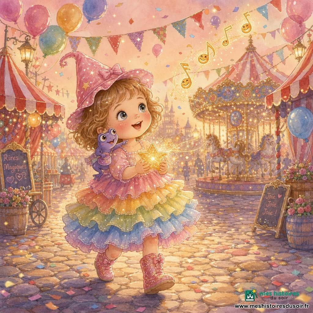Une fillette de 2 ans, yeux brillants, cheveux bouclés châtain clair coupés au carré et joues rosées, porte une robe arc‑en-ciel à volants, un petit chapeau de fée rose et des bottes pailletées; elle sourit au ciel en tenant une petite étoile dorée dont s'échappent des étincelles magiques. Une minuscule grenouille violette perchée sur son épaule gauche, aux yeux malicieux et tenant une pochette brillante, lui montre des notes musicales dorées flottantes. Décor : rue de carnaval pavée avec tentes rayées rouges et blanches, guirlandes, ballons multicolores, un carrousel à chevaux en arrière-plan, confettis et lanternes; la fillette avance joyeusement vers les notes de rire dorées sous la lumière chaude du coucher de soleil.