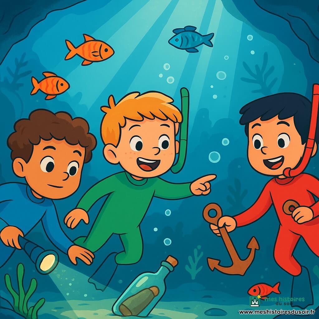 Trois garçons de 7 ans plongent dans une grotte sous-marine. Léo, aux cheveux bruns et bouclés, porte une combinaison bleue et observe la mer avec curiosité. Tom, blond avec des taches de rousseur, nage joyeusement à ses côtés en pointant une lueur sous l'eau. Jules, aux cheveux noirs et lisses, se tient en arrière avec une petite ancre en bois, souriant. La grotte est illuminée par des rayons de lumière, entourée d'algues et de poissons colorés. Ils cherchent une bouteille mystérieuse, émerveillés par la beauté de l'environnement marin.