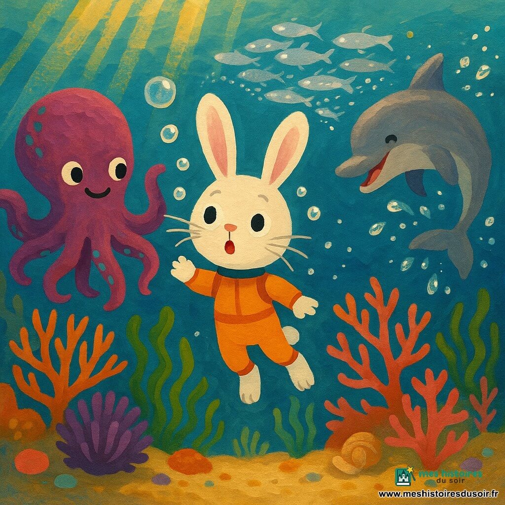 Un petit lapin blanc aux longues oreilles, yeux ronds et combinaison de plongée orange flotte émerveillé parmi les bulles, guidé par un banc de poissons argentés et accompagné à gauche d'une pieuvre pourpre à taches turquoise nommée Octavia, tandis qu'un dauphin gris clair fait des pirouettes à droite; le tout évolue au-dessus d'un récif corallien coloré (coraux orange et rose, anémones violettes, algues vert émeraude, coquillages sur sable doré) baigné de rayons lumineux et de particules scintillantes.