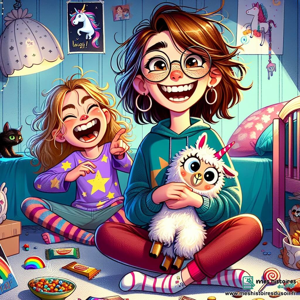 Une fille de 12 ans, Élise, avec de longs cheveux bruns en désordre et des lunettes rondes, est assise sur son lit, souriante. Elle tient une peluche en forme de lama, tandis que sa petite sœur Noémie, 8 ans, aux cheveux blonds bouclés, rit aux éclats. La chambre est décorée de posters de licornes et de dessins d'enfants, avec des jouets au sol et une lumière douce d'une lampe en forme de nuage. Un chat noir, Balthazar, les observe. Les sœurs sont en plein défi de rire, entourées de barres de céréales et de bonbons, prêtes à raconter des histoires drôles. Élise essaie de rester sérieuse, tandis que Noémie prépare une blague.