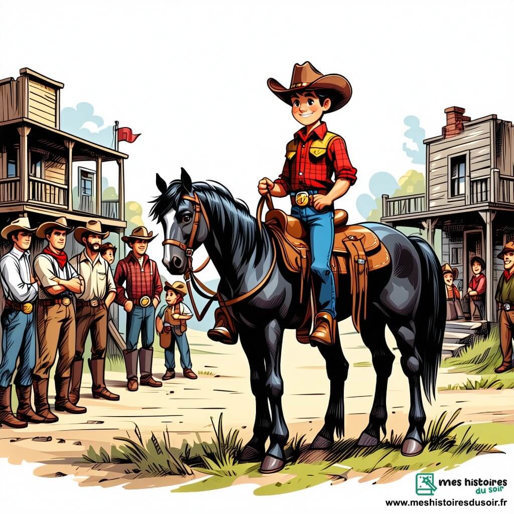 Un jeune cow-boy nommé Jack, âgé d'environ 25 ans, se tient sur son cheval Lucky. Il a des cheveux bruns ébouriffés, un chapeau de cow-boy usé et un sourire déterminé. Il porte une chemise à carreaux rouge et un gilet en cuir, tenant les rênes de Lucky, un cheval noir aux yeux vifs. À proximité, un groupe d'habitants de la ville, âgés de 30 à 50 ans, l'observe avec admiration. Un homme barbu avec un chapeau de paille pointe vers le canyon où se cache le bandit, tandis qu'une femme blonde, tenant son enfant, exprime soulagement et espoir. La scène se déroule dans un canyon aride, entouré de falaises ocres et rouges, sous un ciel bleu avec quelques nuages. Jack est prêt à affronter le bandit Le Serpent, et l'atmosphère est tendue, mais les habitants ont confiance en lui pour restaurer la paix.
