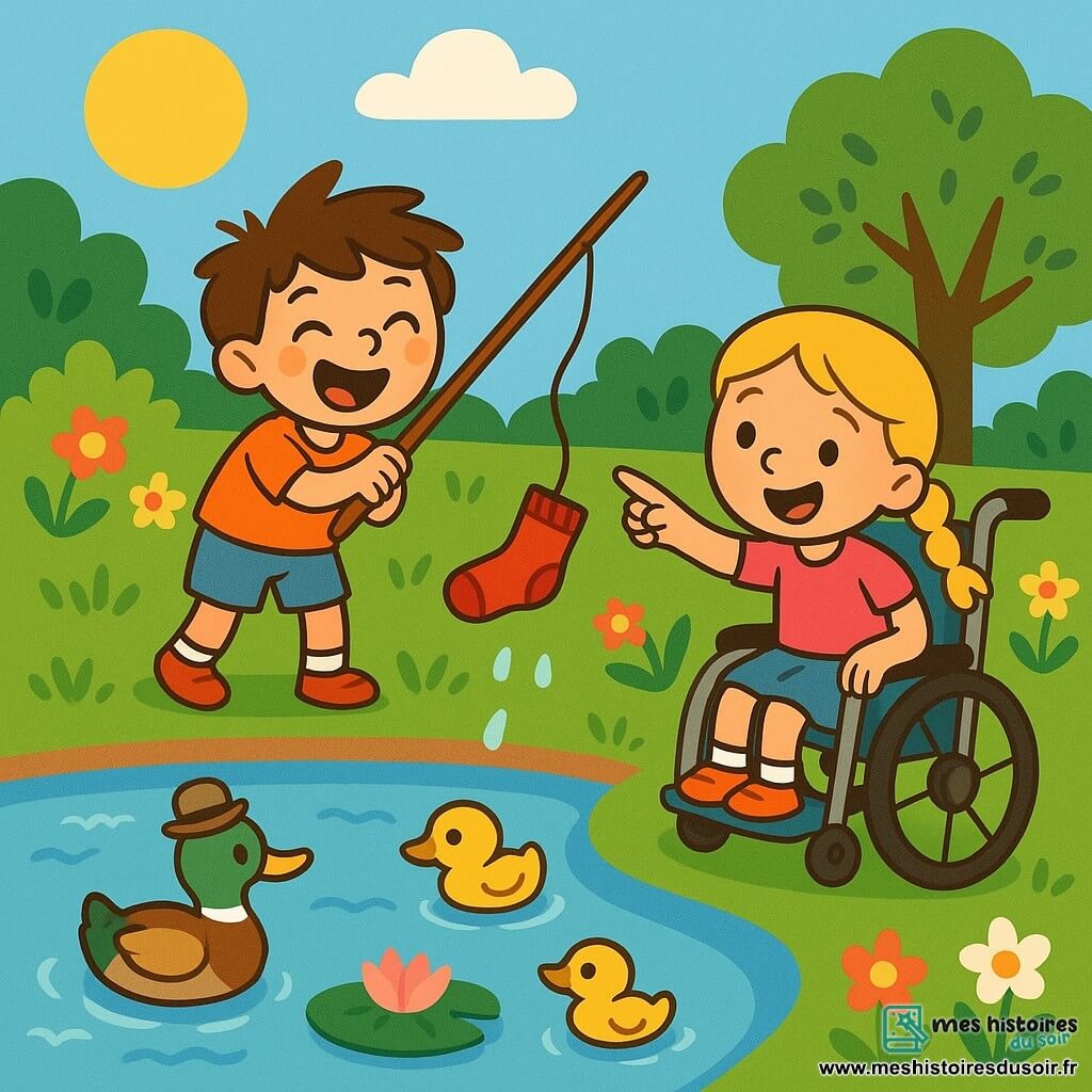 Frédéric, un garçon de 7 ans aux cheveux bruns en bataille, rit en tenant une branche pour attraper une chaussette rouge flottante, tandis que Léa, une fille de 6 ans avec des cheveux blonds tressés, sourit depuis son fauteuil roulant en pointant la chaussette dans l'étang. Ils se trouvent dans un jardin ensoleillé, rempli de fleurs et d'arbres, avec un étang scintillant où nagent des canards. Frédéric et Léa partagent une aventure joyeuse, observés par un canard farceur avec un chapeau.