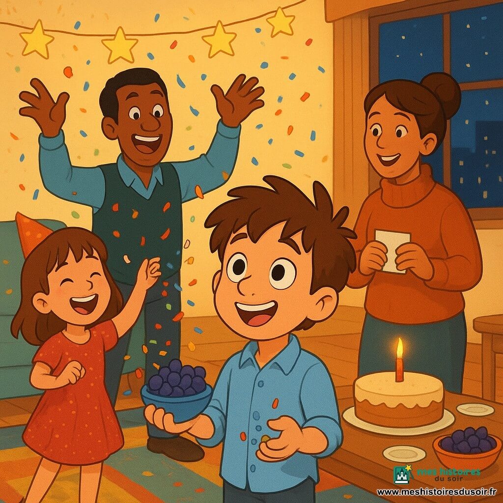Quatre personnages dans un salon familial chaleureux : Tom, garçon de 6–7 ans aux cheveux bruns en bataille, chemise froissée et moustache de crème, tient un bol de raisins et des confettis, visage émerveillé ; Lina, fille de 6–7 ans aux cheveux châtain et frange, robe rouge à paillettes, lance des confettis en riant ; la maman (30–35 ans) cheveux attachés, pull cannelle, souriante, tenant une petite enveloppe ; le papa (30–40 ans) cheveux courts, gilet sombre, bras levés, posture protectrice et joyeuse. Le salon a un papier peint crème, tapis coloré, guirlande étoilée au-dessus d’une table basse avec un gâteau, assiettes, bol de raisins et enveloppes, lumière dorée et fenêtres sur des lumières de nuit. Scène de minuit festive : confettis en suspension, raisins et petits papiers partout, la famille crie "Bonne année", ambiance chaleureuse aux couleurs chaudes et contrastes vifs.
