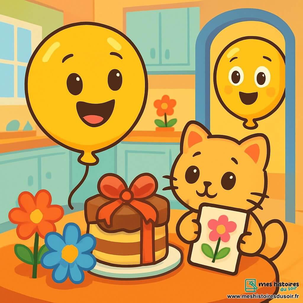 Un petit ballon jaune, nommé Coco, flotte joyeusement avec un grand sourire, entouré de fleurs en papier colorées et d'un gâteau décoré d'un ruban rouge, prêt pour la fête des mères. À côté de lui, un petit chat en peluche nommé Bouboule, avec un pelage doux, admire Coco tout en tenant une carte dessinée à la main. La scène se déroule dans une cuisine chaleureuse et lumineuse, avec des murs pastel et une table colorée. Coco et Bouboule préparent une surprise pour maman ballon, qui entre dans la pièce, émerveillée par la fête surprise.