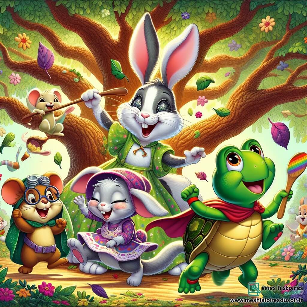 Roger, un lapin blanc aux grandes oreilles, rit aux éclats avec une chaussure sur la tête, tandis que Lila, une petite souris grise, présente son robot cuisinier avec des gestes exagérés. Max, une tortue verte en cape, court lentement, et Zoé, une grenouille, chante joyeusement entourée de feuilles. Ils se trouvent sous un vieux chêne majestueux, créant une atmosphère magique. Les amis montrent leurs créations hilarantes dans une ambiance de rires et de bonne humeur, illustrant leur esprit d’amitié et de créativité.