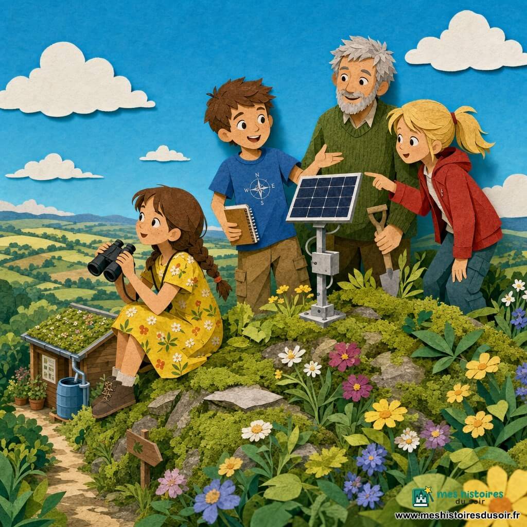 Quatre personnages sur le sommet d'une petite colline au printemps : Léa, 9 ans, cheveux bruns en tresse, robe jaune fleurie, assise sur la mousse à gauche avec des jumelles regardant l'horizon ; Mathis, 10 ans, cheveux châtain courts, t-shirt bleu à motif boussole, au centre montrant du doigt le panneau solaire et tenant un carnet ; Inès, 9 ans, cheveux blonds en queue de cheval, veste rouge, debout à droite, penchée et pointant le panneau ; Monsieur Dupin, homme âgé aux cheveux gris et barbe courte, pull vert olive, debout derrière eux tenant une petite pelle et souriant. Autour : tapis de mousse et fleurs sauvages, buissons, sentier ombragé descendant, un panneau solaire moderne sur mât métallique près d'un petit abri en bois avec pots de plantes et gouttières, ciel bleu clair et champs verdoyants en arrière-plan. Les enfants découvrent le panneau avec émerveillement tandis que Monsieur Dupin les guide ; scène lumineuse, expressions enthousiastes, gestes explicatifs, composition centrée sur le panneau et visages souriants, palette de couleurs vives, formes nettes et textures papier superposées sur vêtements et végétation.