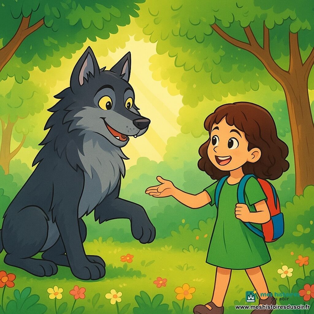 Un loup-garou majestueux, avec une fourrure noire et argentée, se tient au centre d'une clairière. Ses yeux jaunes brillent d'une lueur amicale, et il affiche une expression joyeuse. À ses côtés, Zoé, une jeune fille de 10 ans aux cheveux bruns et bouclés, porte une robe verte et un sac à dos coloré. Elle sourit, tendant la main vers le loup-garou, prête à établir une amitié. La clairière est entourée d'arbres majestueux et de fleurs colorées, baignée d'une douce lumière dorée. Cette rencontre symbolise le début d'une belle amitié dans un cadre enchanteur.