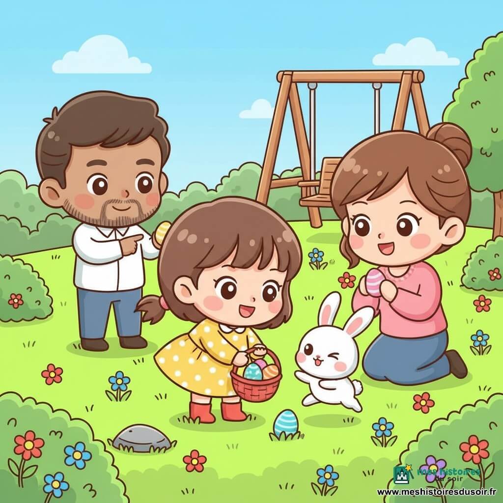 Une fillette de deux ans, joyeuse, cheveux bruns courts en couettes, robe jaune à pois blancs et bottes rouges, tient un panier rouge d’œufs et ramasse un œuf bleu dans l’herbe ; un petit lapin blanc duveteux saute à ses côtés ; la mère accroupie montre un œuf rose et applaudit, le père debout pointe un œuf jaune caché derrière un buisson ; jardin ensoleillé avec pelouse verte, petites fleurs et balançoire en bois, ambiance joyeuse de chasse aux œufs de Pâques.