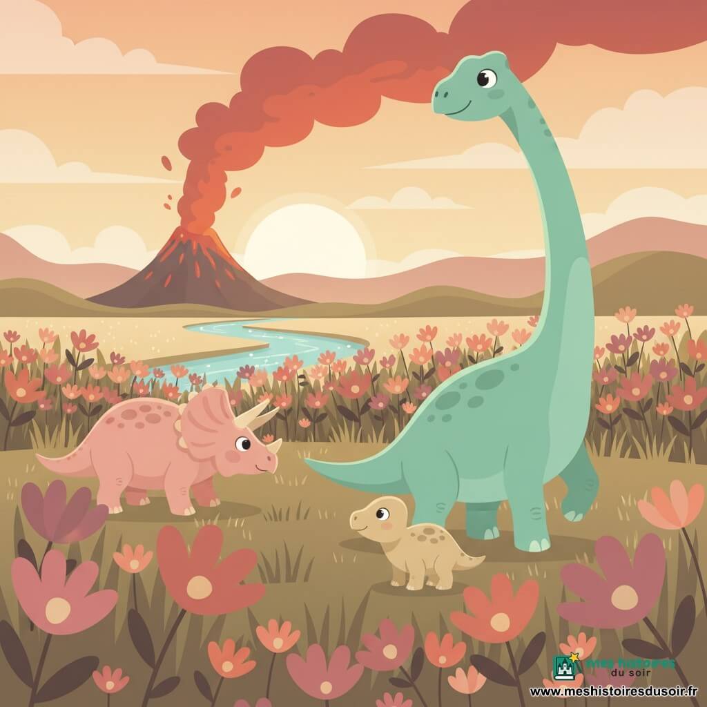 Lino, un grand diplodocus vert menthe au long cou, paisible et curieux, avance une patte dans un vaste champ de fleurs roses, mauves et orangées en regardant l'horizon; près de ses pattes, Pico, un petit protocératops beige et timide, observe à son tour la fumée lointaine, tandis que Trixie, une tricératops rose pâle et robuste, broute tranquillement à gauche; au fond, une rivière scintille entre des collines douces et un volcan sombre crache une fumée rouge orangée, créant un contraste chaud-froid au coucher du soleil.