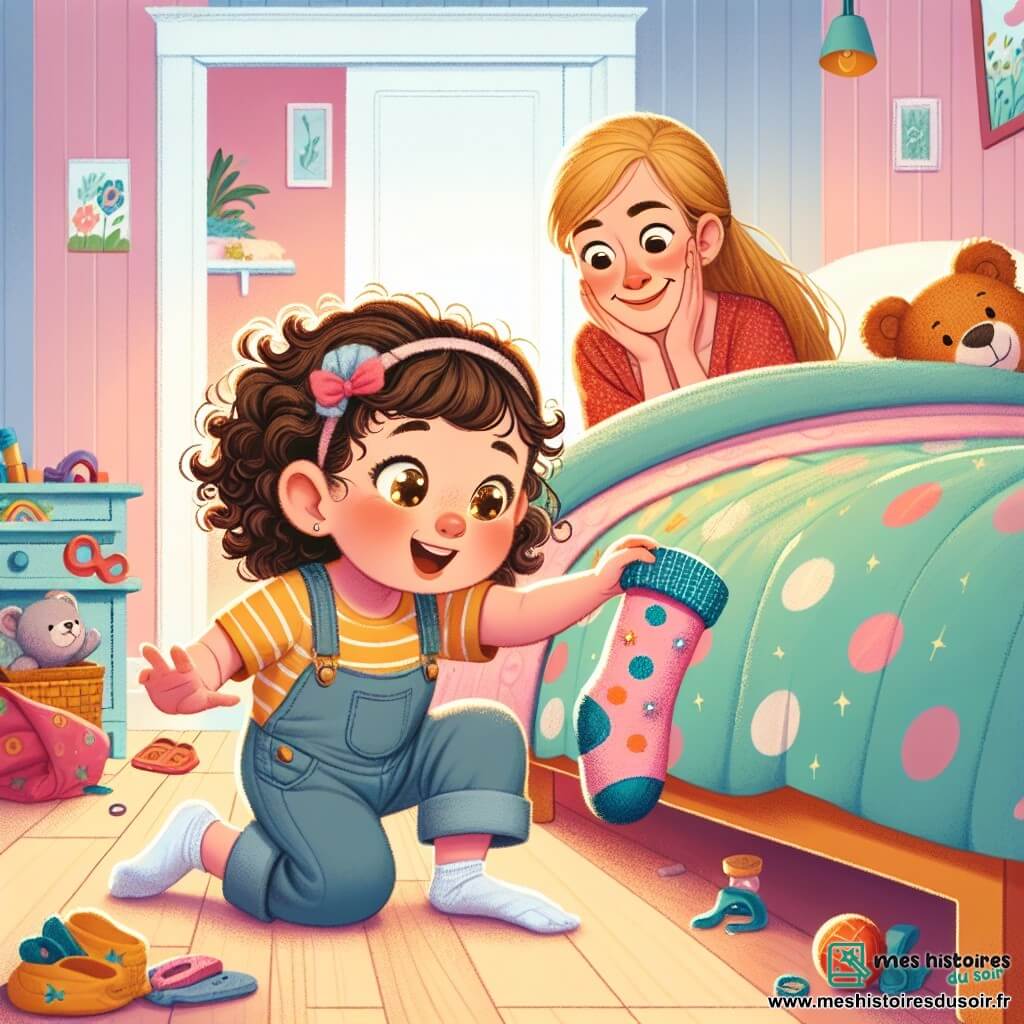 Une petite fille de 2 ans, Zoé, cherche sa chaussette rose à pois bleus sous son lit, affichant une expression curieuse et excitée. Sa maman, une femme souriante d'environ 30 ans, l'observe avec amusement. La scène se déroule dans une chambre chaleureuse aux murs pastel, avec des jouets éparpillés et un grand lit douillet. Un ours en peluche est visible sous le lit. Zoé, déterminée, se penche en avant à la recherche de sa chaussette, tandis que sa maman l'encourage avec un sourire.