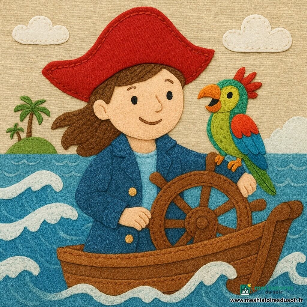 Capitaine Lou, une femme pirate courageuse, se tient à la barre d'un bateau, son grand chapeau rouge flottant au vent, avec un sourire déterminé sur le visage. Coco le perroquet, aux plumes colorées et vives, est perché sur son épaule, criant joyeusement. Le bateau navigue sur une mer agitée, avec des vagues hautes et blanches, sous un ciel partiellement nuageux. En arrière-plan, une île verte avec des palmiers se dessine à l'horizon, promettant une aventure excitante.