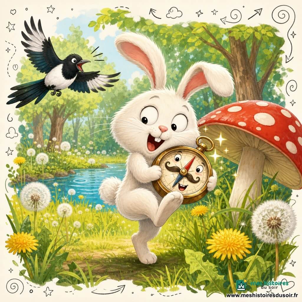 Zigzag, un petit lapin blanc aux yeux ronds et malicieux et aux grandes oreilles légèrement dépareillées, tient une boussole ronde et brillante contre sa poitrine en sautillant sur une patte; la boussole, à l'aiguille fine et tremblante et à la petite bouche souriante, est partiellement sous un grand champignon rouge à pois blancs, tandis qu'une pie noire et blanche vole en arrière-plan en criant «Marché du Gland Doré!» au-dessus d'un sentier; derrière eux, la Clairière des Pissenlits présente herbe haute jaune-vert, boules de pissenlit, un petit lac bleu et des arbres, le tout dans une scène colorée, lumineuse, légèrement excentrique et pleine de malice, avec des petites flèches, étoiles et notes de musique autour pour souligner l'aventure.