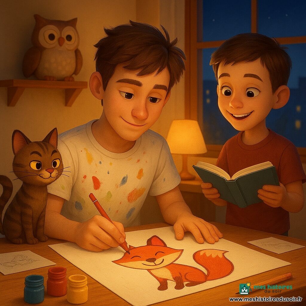 Malo, ~20 ans, est assis à une table en bois, concentré et souriant, t-shirt taché de peinture, tenant un crayon rouge pour achever un grand dessin d'un renard joyeux ; Léo, ~19 ans, debout à droite, lit à voix basse un livre en regardant le dessin ; un petit chat brun rayé, espiègle, est posé sur le rebord à gauche, et une peluche hibou sage est sur une étagère derrière. L'atelier compact au parquet présente une lampe ronde à lumière chaude, pots de peinture alignés, croquis éparpillés et une grande fenêtre sur un ciel crépusculaire bleu-indigo ; ambiance intime et créative, couleurs saturées (rouge, bleu nuit, jaune chaud) et textures de papier, bois et peinture mises en valeur par une lumière douce.