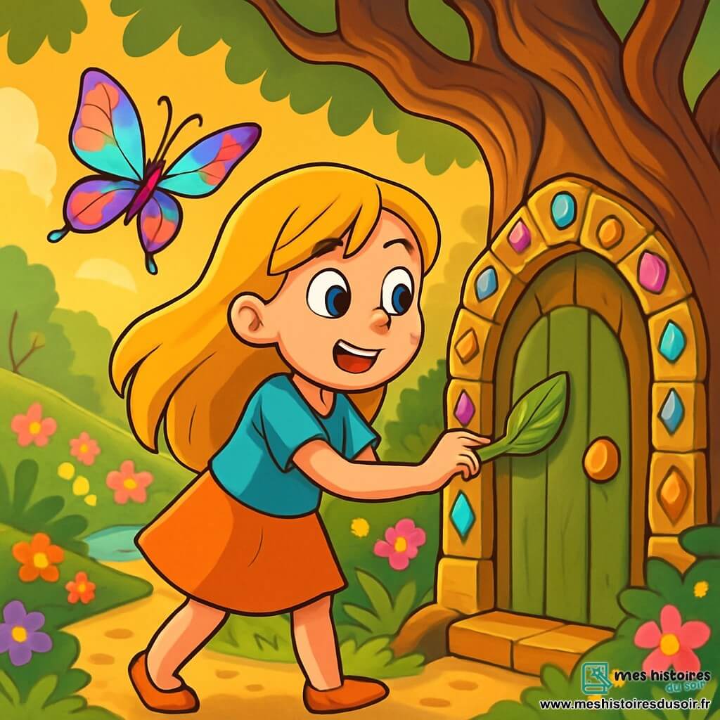 Eléonore, une jeune fille aux longs cheveux dorés et aux yeux curieux, se tient devant une petite porte incrustée de pierres précieuses. Son visage exprime émerveillement et excitation alors qu'elle caresse la poignée en forme de feuille. À ses côtés, un papillon aux ailes de cristal, vibrant de couleurs arc-en-ciel, vole autour d'elle, comme pour l'inviter à entrer dans un jardin magique. Ce jardin fabuleux, baigné d'une lumière douce, est peuplé d'arbres majestueux aux troncs noueux qui murmurent des poèmes. Des fleurs multicolores dansent au gré du vent, et une rivière d'argent serpente entre des collines de velours, créant une atmosphère enchantée. Eléonore, pleine d'enthousiasme, est prête à franchir la porte mystérieuse vers des aventures extraordinaires dans le Jardin des Songes Oubliés.