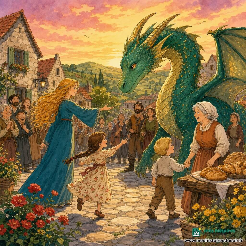 Femme adulte Aria au visage doux et déterminé, sourire bienveillant, cheveux longs dorés flottant, robe bleu-pétrole à manches longues, tend la main vers un grand dragon émeraude aux reflets dorés, yeux ambres, ailes partiellement repliées, posture calme et curieuse, descendant la colline à distance respectueuse ; une fillette en tresse et robe fleurie court vers le dragon bras ouverts, un garçon blond tient la main d'une vieille boulangère près d'une table de marché et sourit timidement ; quelques villageois âgés et artisans en tons terre, d'abord surpris puis rassurés, se tiennent autour de maisons en pierre aux toits rouges et volets verts ; place du village pavée, parterres de fleurs rouges et jaunes, collines verdoyantes et ciel de coucher de soleil en arrière-plan ; Aria conduit le dragon pour proposer l'amitié, scène lumineuse et sereine, encre colorée aux traits fins et lavis délicats.