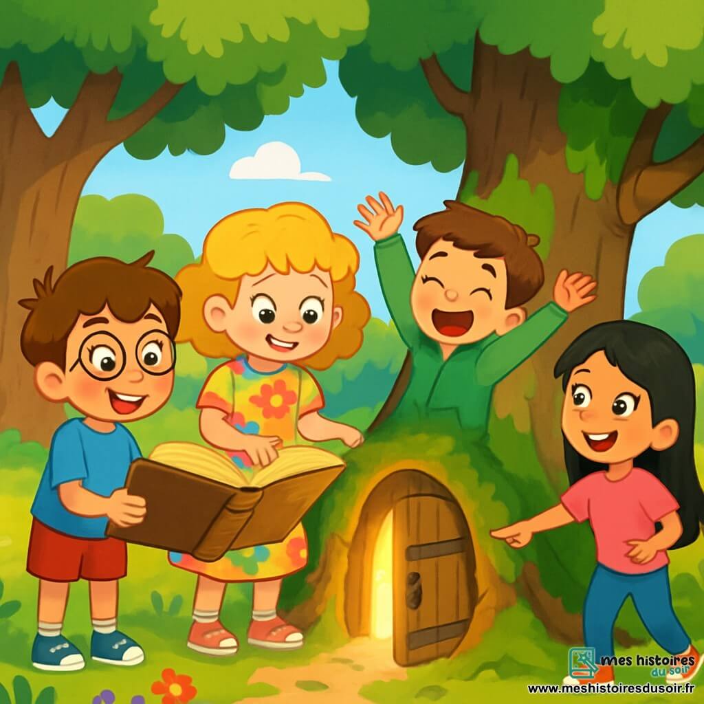 Quatre enfants se tiennent dans un parc ensoleillé de Lumièreville. Max, 10 ans, porte des lunettes rondes et un t-shirt bleu. Emma, 9 ans, a des cheveux bouclés et une robe à fleurs. Léo, 10 ans, est en sweat à capuche vert et saute de joie. Mia, 9 ans, avec des cheveux longs, porte un t-shirt rose et pointe vers un vieux tronc d'arbre avec une porte en bois entrouverte. Ils sont émerveillés et prêts à explorer le monde magique derrière la porte.