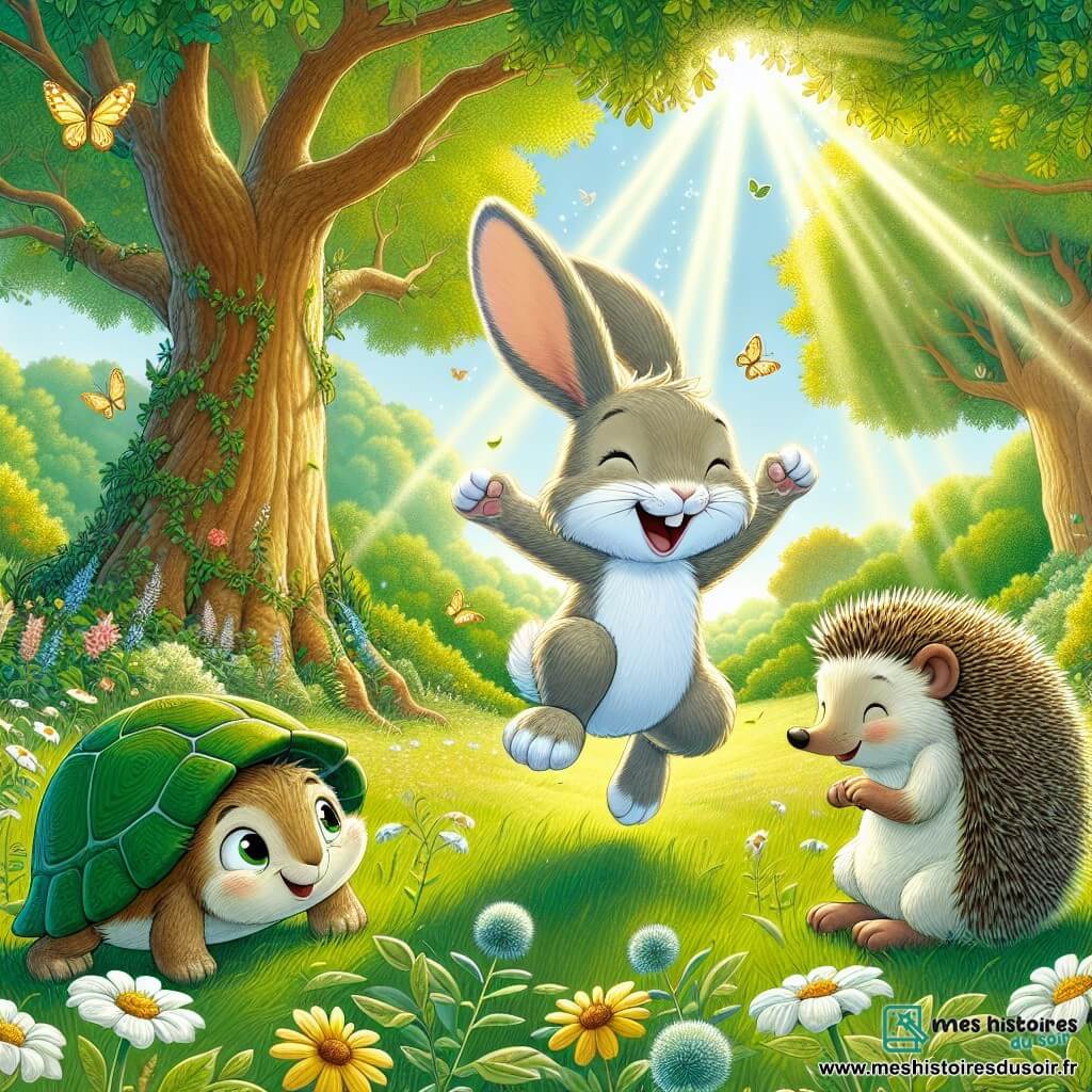 Benjamin le lapin, un petit lapin aux grandes oreilles et au pelage doux, saute de joie dans une clairière ensoleillée, rayonnant d'excitation. À ses côtés, Léon le hérisson rit et se prépare à sauter, tandis que Clara la tortue, assise sur l'herbe, les observe en souriant. La clairière, entourée de grands chênes et parsemée de fleurs et de papillons, est illuminée par des rayons de soleil. Benjamin et ses amis participent à un concours de saut, créant une ambiance joyeuse et festive.