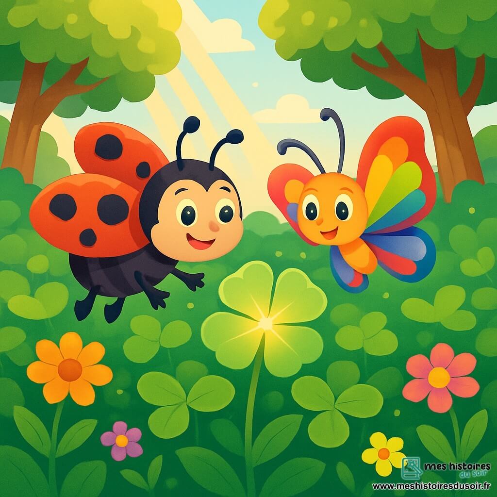 Une petite coccinelle nommée Lila, avec une carapace rouge parsemée de taches noires, vole joyeusement au-dessus d'un champ de trèfles verts. Ses yeux pétillants et son sourire montrent son excitation. À ses côtés, un papillon coloré nommé Max bat des ailes avec entrain, prêt à l'accompagner dans son aventure. Le champ ensoleillé est rempli de trèfles verts, de fleurs colorées et de petites créatures joyeuses. Lila et Max se tiennent près d'un trèfle magique émettant une douce lueur, prêts à faire un vœu ensemble, entourés par la beauté de la nature.