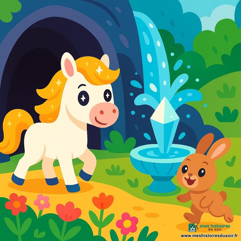 Un magnifique cheval blanc nommé Lumière, avec une crinière scintillante et des yeux brillants, se tient au bord d'une grotte mystérieuse, prêt à explorer. À ses côtés, un petit lapin nommé Lapinou saute avec enthousiasme. La grotte est entourée d'une cascade étincelante et de fleurs colorées. Lumière et Lapinou se tiennent devant une fontaine de cristal, où l'eau magique jaillit, illuminant la scène. Ils sont en pleine aventure, prêts à réveiller la rivière magique pour que la forêt puisse chanter à nouveau.