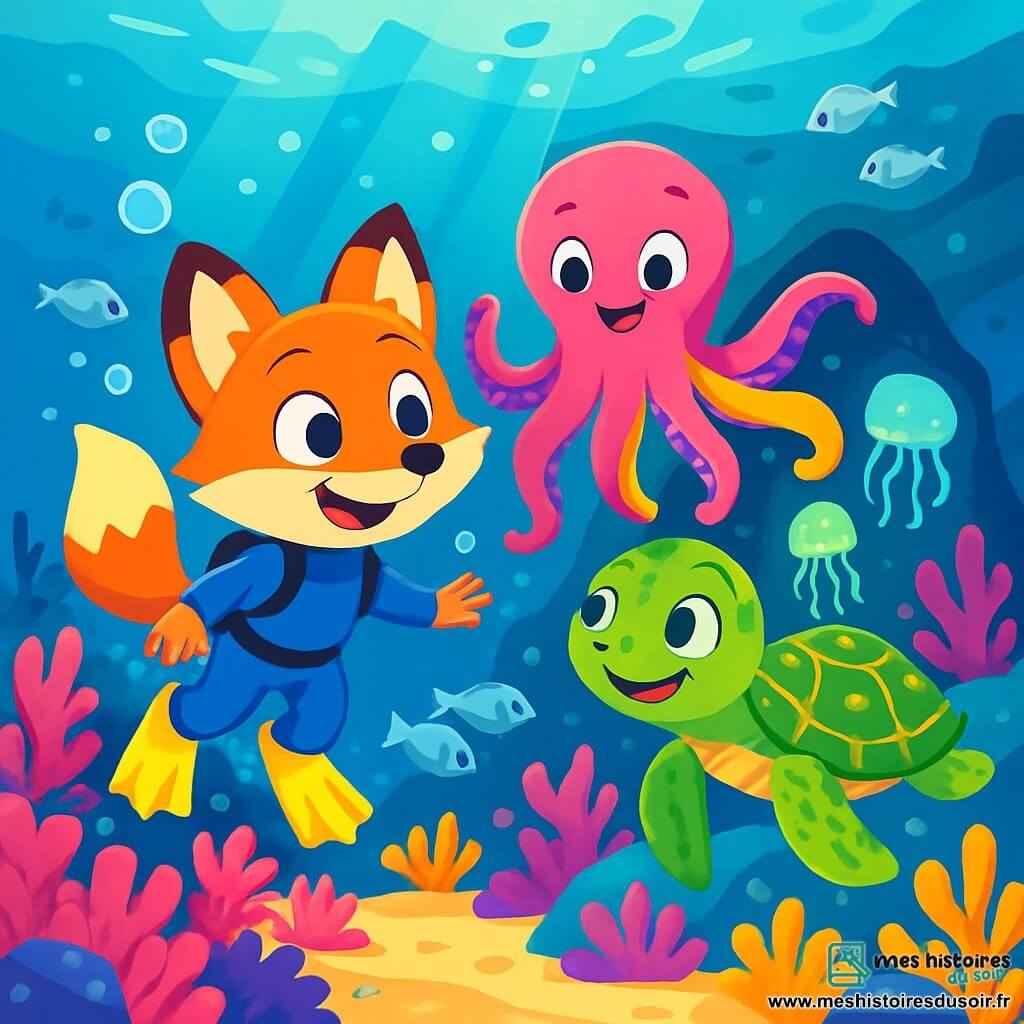 Félix le renard, aux fourrures orange vif et aux yeux curieux, nage joyeusement dans l'océan en combinaison de plongée bleue et palmes jaunes, souriant face aux merveilles sous-marines. À ses côtés, Octavia, une pieuvre multicolore aux yeux malicieux, flotte gracieusement, prête à lui révéler les secrets de l'océan. Plus loin, Stella, une tortue verte à la carapace dorée, nage lentement en souriant. Le décor est un récif corallien vibrant, peuplé de poissons colorés, avec des rayons de soleil créant des éclats de lumière. Ils explorent ensemble un monde sous-marin magique, découvrant une grotte secrète illuminée par des méduses luminescentes.