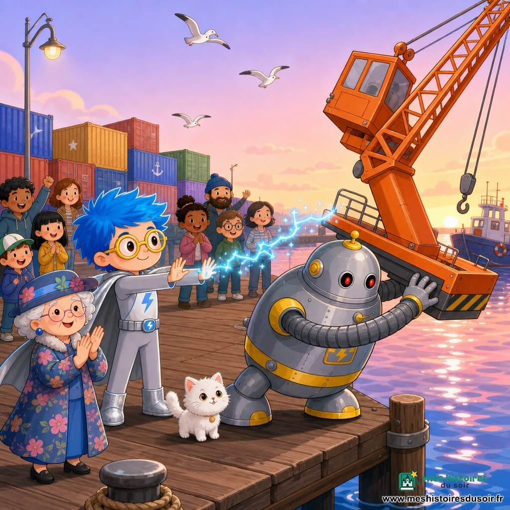 Voltino, visage souriant, cheveux bleu électrique en épis, lunettes rondes jaunes et cape argentée flottante, se tient sur la jetée bras tendus, envoyant de petites étincelles bleues pour ralentir une grande grue qui bascule; à côté, Boulonix, grand robot rond en métal acier avec touches de jaune et yeux rouges doux, saisit la base de la grue avec ses bras-tuyaux; un chaton blanc pelucheux est assis près des pieds de Boulonix; Madame Grelotte, une femme âgée en manteau à fleurs et chapeau, applaudit joyeuse sur le quai derrière eux; le port au crépuscule montre quais en bois, grues orange, containers colorés et vagues aux reflets roses, quelques mouettes; scène de sauvetage collective chaleureuse et sécurisante en style kawaii aux formes simples, palette pastel avec accents bleus et argentés, contours fins et éclairage doux.