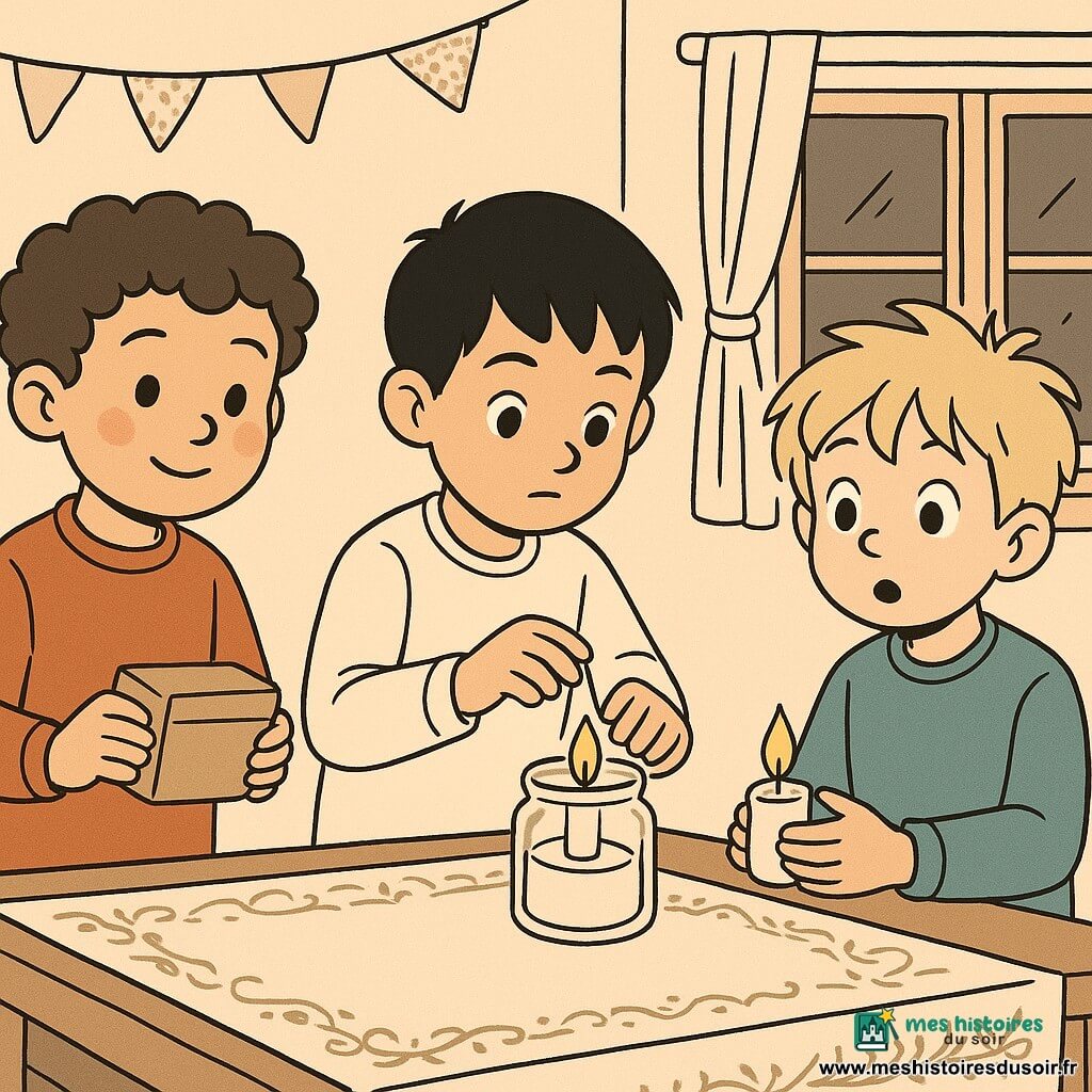 Trois garçons de six ans sont présents : Jules, avec des cheveux bruns bouclés et des joues roses, tient une petite boîte en bois à gauche de l'image. Malik, aux cheveux noirs et yeux curieux, ajuste une bougie au centre. Léo, aux cheveux blonds ébouriffés, tient une bougie vacillante à droite. Ils se trouvent dans la maison chaleureuse de Mme Blanchette, décorée de guirlandes en tissu et de rideaux crème. Une table en bois avec des nappes brodées est illuminée par des bougies sur le rebord des fenêtres. Les garçons vérifient et ajustent les bougies de Noël, la lumière douce créant une ambiance magique.