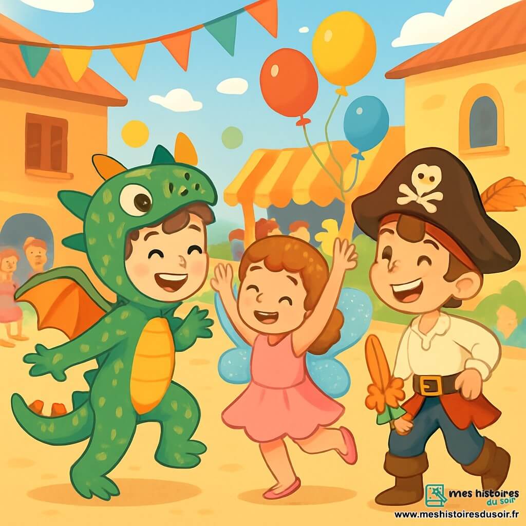 Un garçon de 6 ans, Petit Pierre, souriant et plein d'énergie, porte un costume de dragon aux écailles scintillantes. À ses côtés, Léa, une fille de 6 ans, est une fée avec une robe rose et des cheveux bouclés. Tom, également âgé de 6 ans, est un pirate au chapeau ridicule, tenant une épée en bois. Ils dansent joyeusement sur une place de village animée, décorée de guirlandes lumineuses et de ballons multicolores, entourés de rires et de musique, créant une ambiance festive pour célébrer le carnaval.